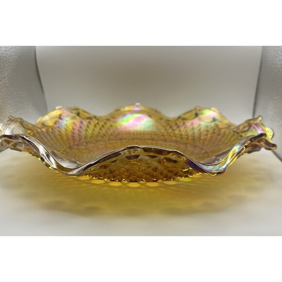 Vintage Carnival Glass Platter Plate 10" IRIDESCENT Marigold Amber Ruffled Edge - Picture 4 of 5